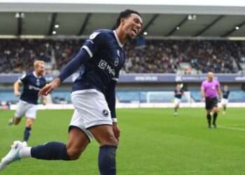Femi Azeez celebrates after scoring against West Bromwich Albion on October 4, 2025. Image: Millwall FC