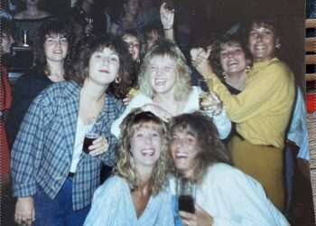 Catrina Willis and friends celebrating her birthday, at the Bon Bonne, 1989, credit: Kerry Bradley
