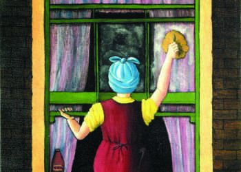 Window cleaning the old way. Copyright Mary Gosling 2014