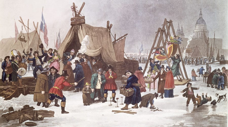 Frost Fair on the River Thames. Coloured and varnished aquatint. General view of the frost fair on the river Thames in 1814.