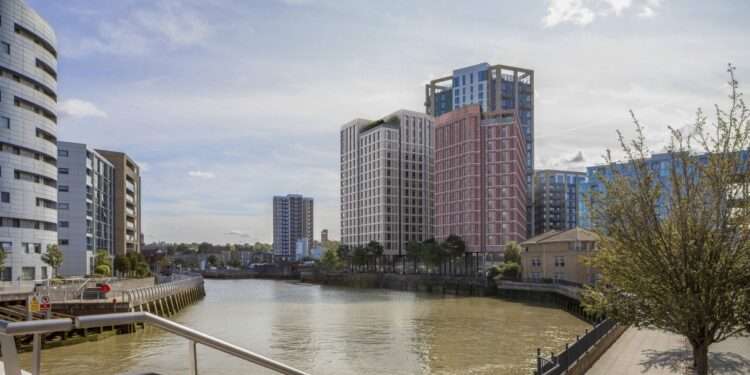 An artist's impression of the proposed development when viewed from the west side of the Greenwich Reach Swing Bridge. Credit: Citydesigner.