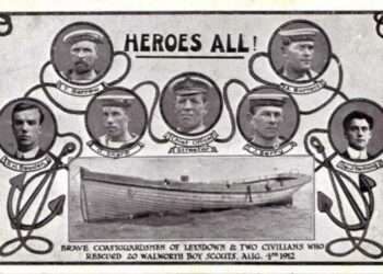 An old postcard featuring the faces on the coastguards who saved some of the boys