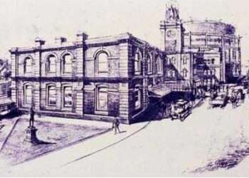 1920s drawing of the office accommodation and clock tower at the old Kent Road Gasworks . The clock tower has elements taken from Christ Church, which was removed from the site and rebuilt elsewhere