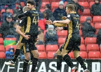 Ben Marshall celebrates his spectacular strike in the 2-0 win at Barnsley in March 2018. Image: Millwall FC