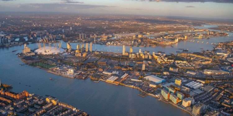 View of the Greenwich Peninsula with Morden Wharf in the centre. Credit: Cowen+Partners.