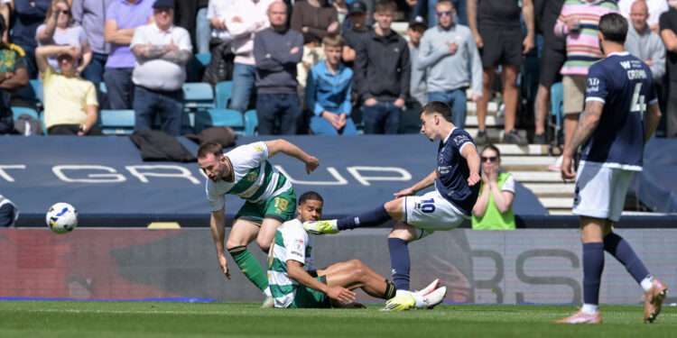 Camiel Neghli scores Millwall's second in their 2-0 win against QPR in April 2026. Image: Keith Gillard