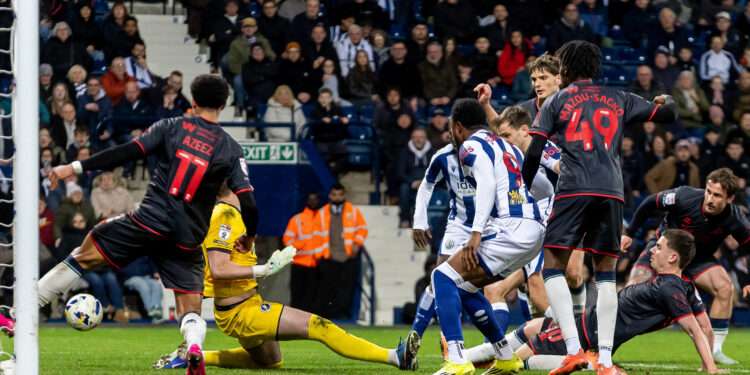 Millwall goalkeeper Anthony Patterson denies Jayson Molumby in the 0-0 draw against West Bromwich Albion at The Hawthorns in April 2026. Image: Millwall FC