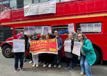 Save Old Kent Road demonstrators with their bus. Image supplied by Save Old Kent Road