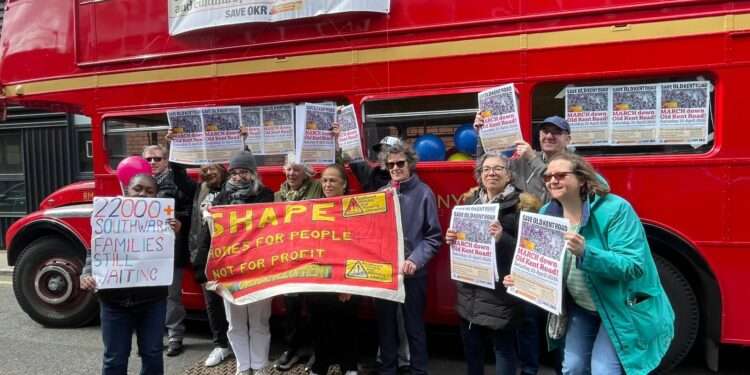 Save Old Kent Road demonstrators with their bus. Image supplied by Save Old Kent Road