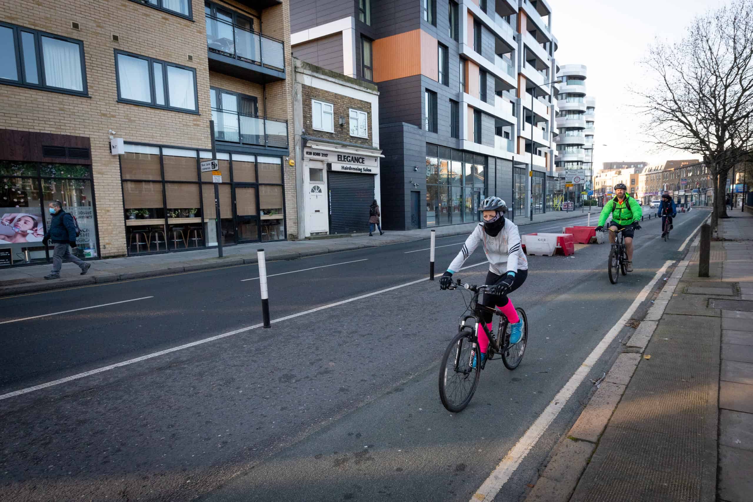 Cyclists use the trial Cycleway 4  in Greenwich on the A206.