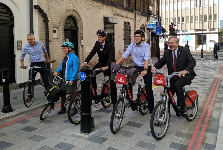 Richard Livingstone, Will Norman and others from TfL, Sustrans and City Hall, who all took to their bikes for BBC London yesterday morning. Courtesy of Southwark Council.