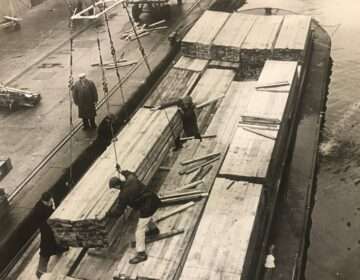 Timber being loaded onto a barge at Surrey Commercial Docks (1963). Credit: The Rotherhithe Picture Research Library
