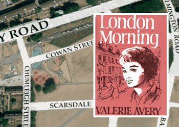 July 2013 image of Burgess Park with an 1896 street plan superimposed and Valerie Avery's book 'London Morning'