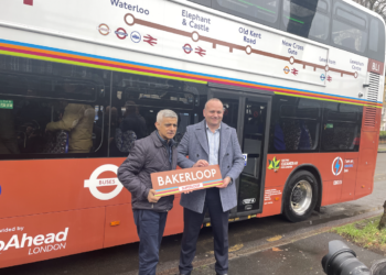 Mayor Sadiq Khan and Neil Coyle MP at the opening of the new Bakerloop bus in a bid to push for funding for the extension
