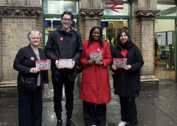 Peckham's local councillors have a campaign for the station to be given step-free access.  L-R:  Esme Dobson, David Parton, local MP Miatta Fahnbulleh and Jasmine Ali