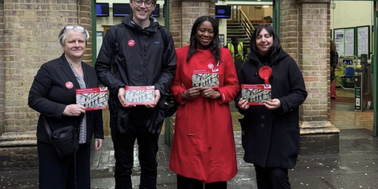 Peckham's local councillors have a campaign for the station to be given step-free access.  L-R:  Esme Dobson, David Parton, local MP Miatta Fahnbulleh and Jasmine Ali