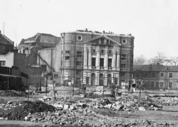 The Rotherhithe Hippodrome, pictured post-war surrounded by rubble (1954). Source: Southwark Archives