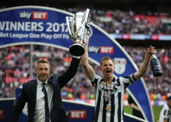 Tony Craig and Neil Harris after the 2017 play-off final. Image: Millwall FC